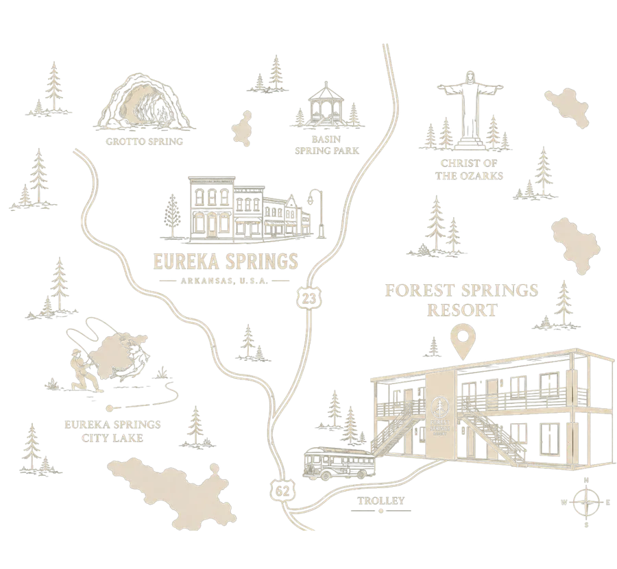 Illustrated map of Eureka Springs showing Grotto Spring, Basin Spring Park, Christ of the Ozarks, Eureka Springs City Lake, and Forest Springs Resort