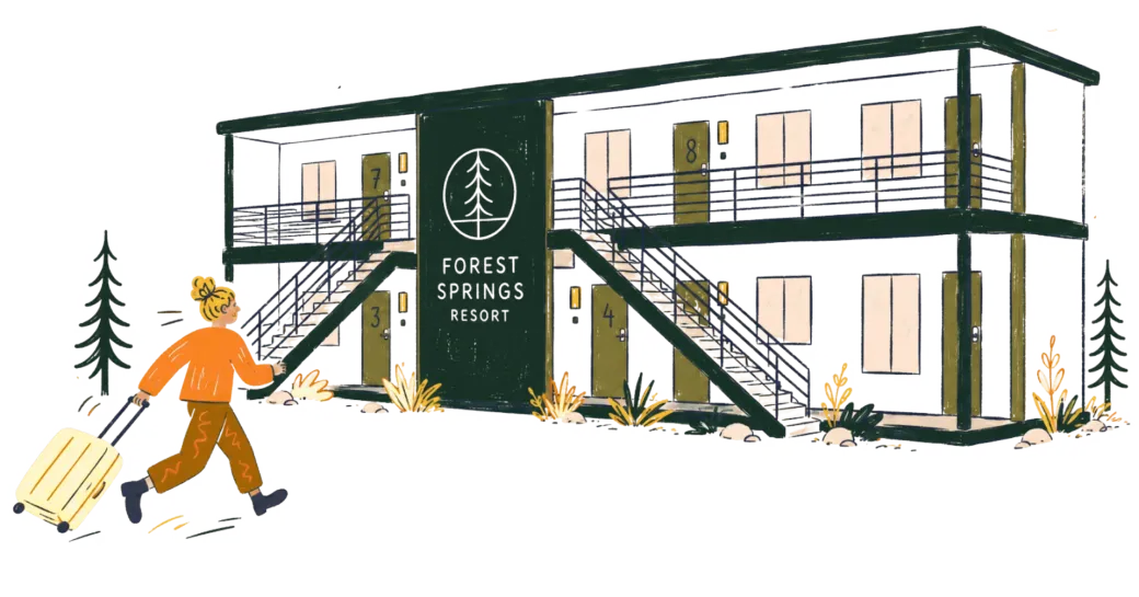 Illustration of a guest arriving at the Forest Springs Resort building